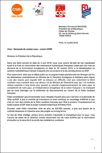 Avenir d'EDF : les fédérations syndicales interpellent Emmanuel Macron | Journal des Activités Sociales de l'énergie | lettre interfederale au president dossier edf Page 1