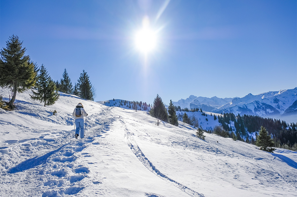 Balade à pied sur le Sommet de la Bourgeoise 1700m altitude. Haute-Savoie. Image générique hivernale-Sport. Neige. Image de fond. Image d'ouverture de dossier. © Elise Rebiffé/CCAS