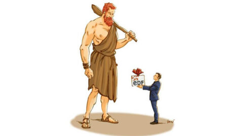 Emmanuel Macron offrant EDF à Hercule, illustration de Jean-Luc Boiré pour la CCAS