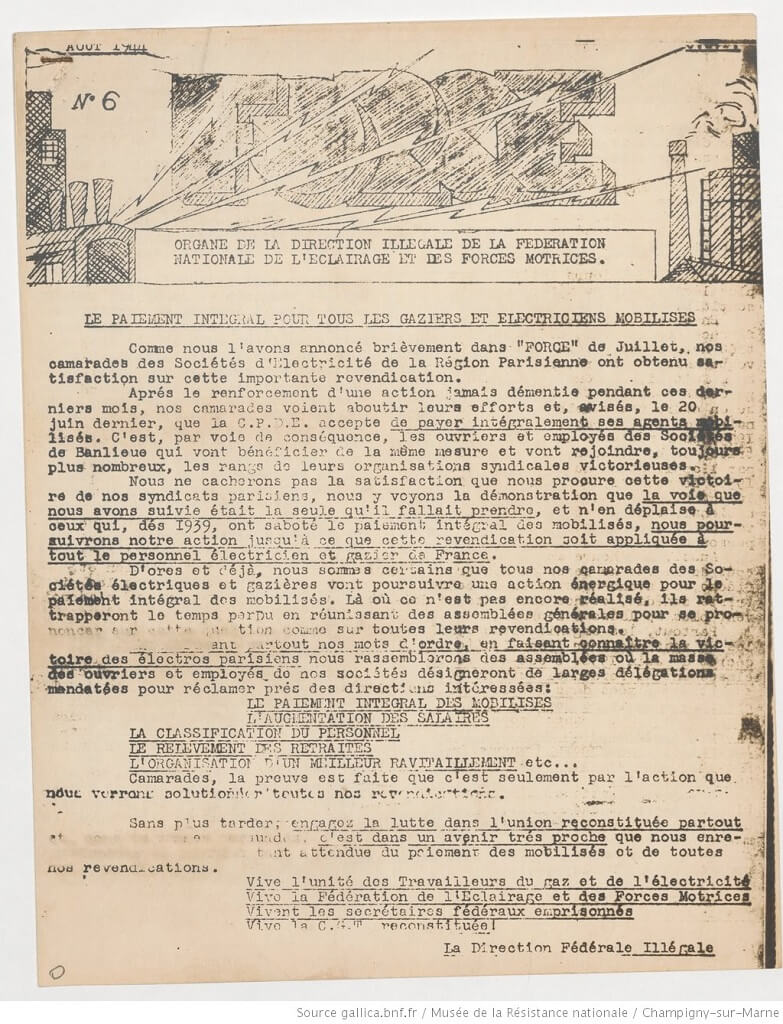 Force, organe de la direction illégale de la fédération nationale de l'éclairage et des forces motrices, 1944, Gallica