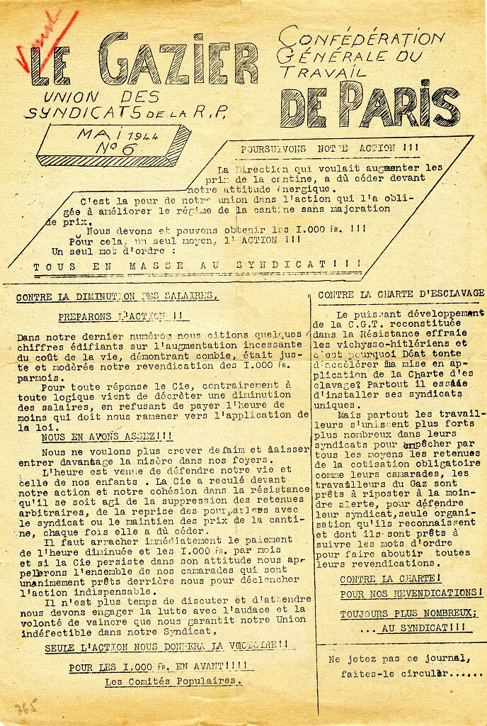 Le gazier de Paris, organe de la direction illégale du syndicat du personnel du gaz, 1944, Gallica
