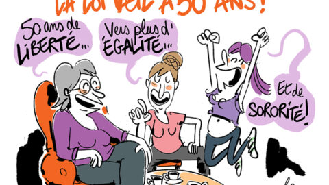 Trois femmes de différents âges réagissent aux 50 ans de la loi Veil qui dépénalise l'avortement en France. Dessin de Camille Besse.